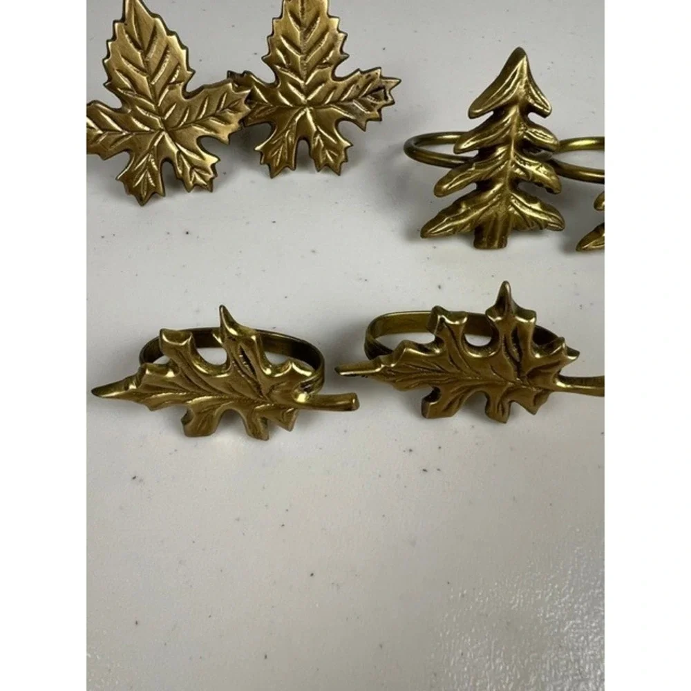 Vintage Brass Napkin Rings Set of 6 Mixed Leaves and Christmas Trees Gold Tone
